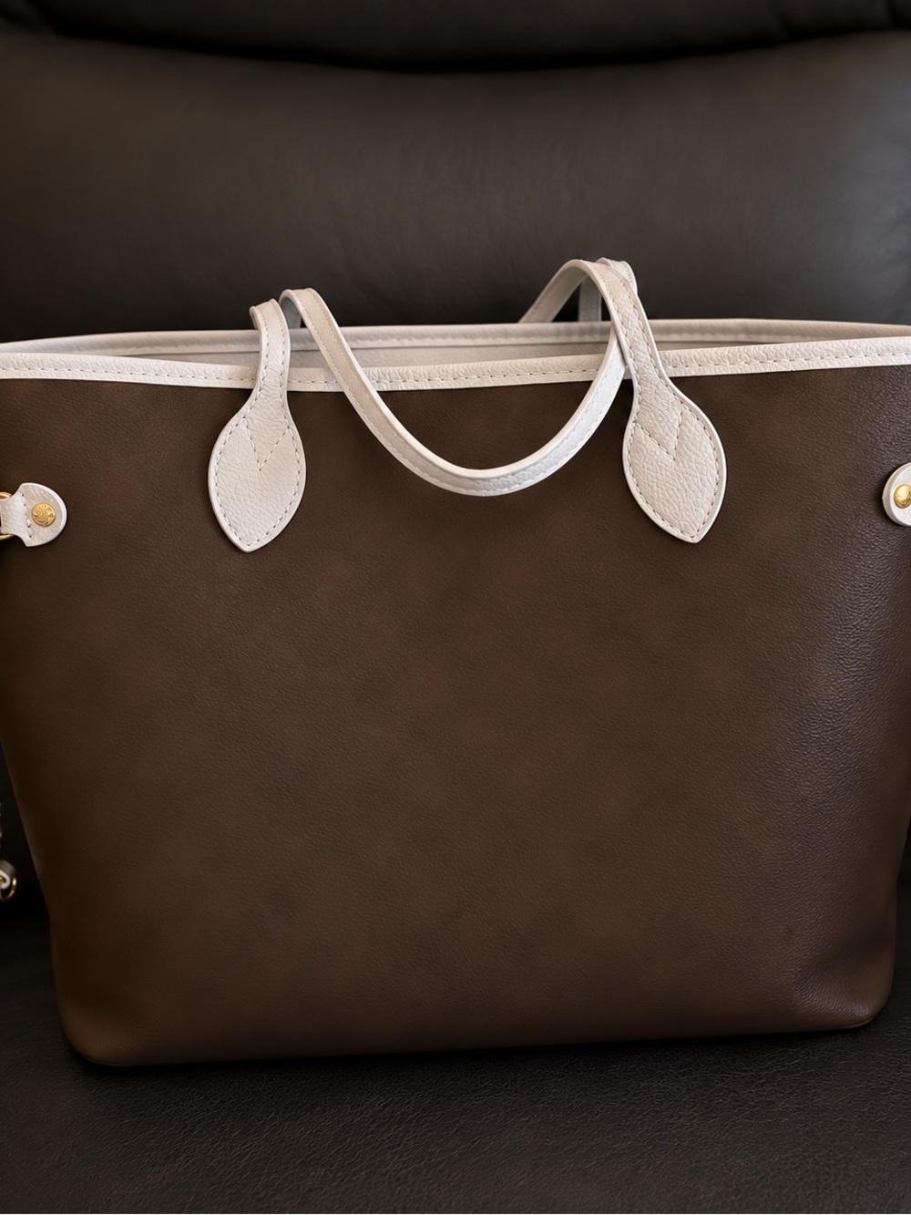 Leather Tote Bag in Brown with Blue Trim